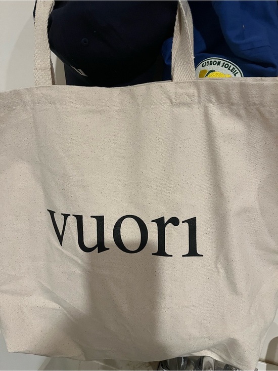 Vuori Handbags - Vuori Natural Beige Canvas Tote Black Logo/ “Rise & Shine” motto reverse side